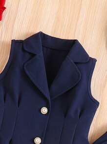 Girls Lapel Sleeveless Vest And Pants 2pcs Set, Elegant Lady & Gentleman Style, Spring/Summer Summer Holiday