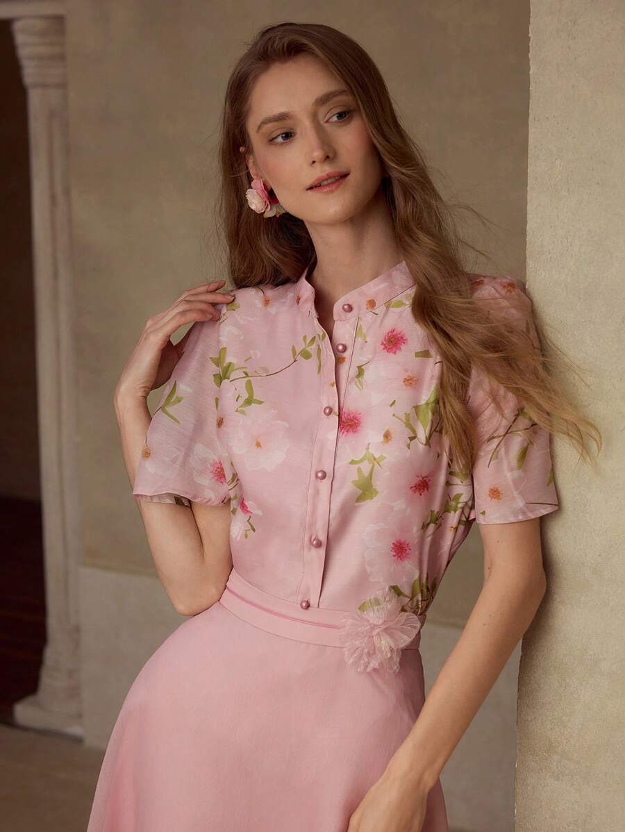 MOTF PREMIUM Blusa con botones y estampado floral - Rosa - Ver 1