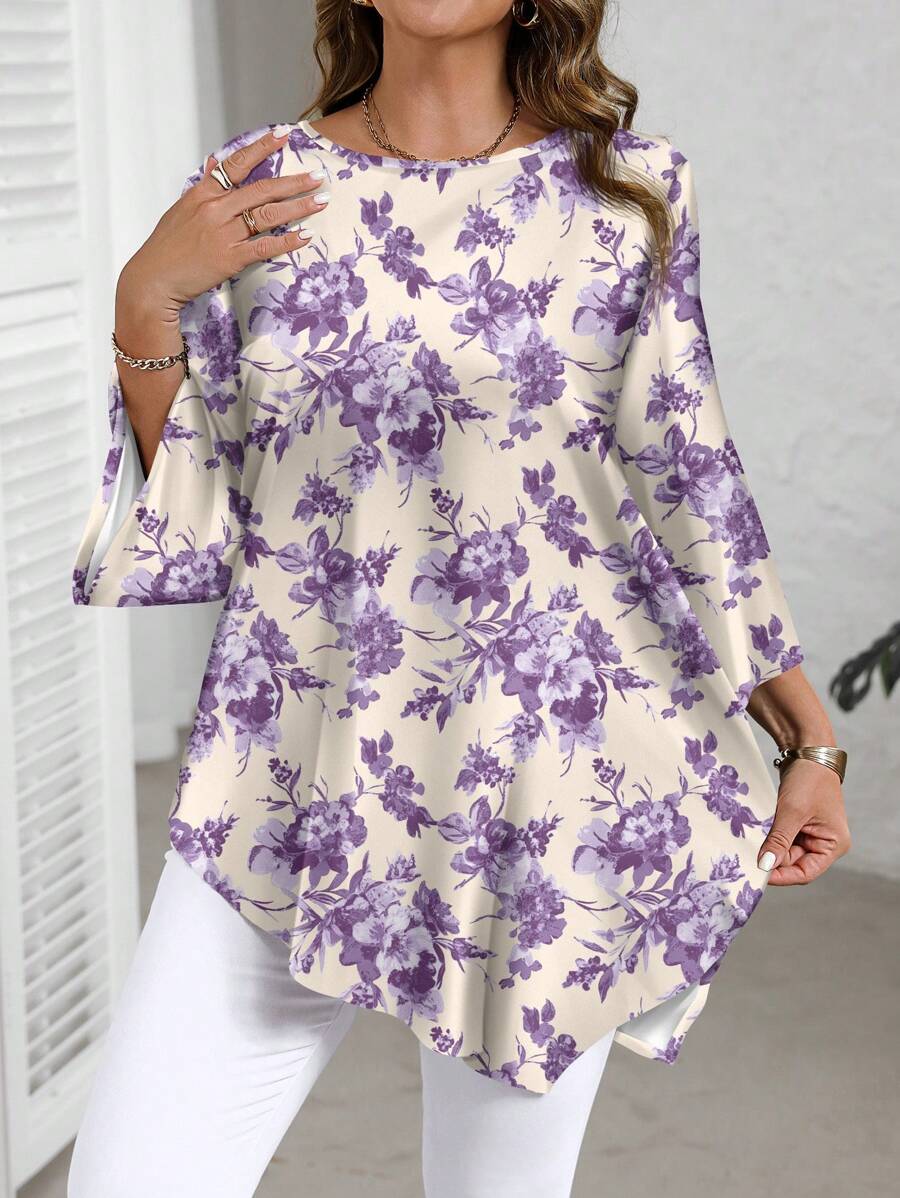 EMERY ROSE Plus Size Spring & Autumn Casual Simple Blue & White Porcelain Ditsy Floral Printed Shirt Autumn And Winter - Multicolor - View 1