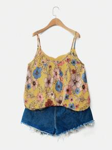 SHEIN VCAY Áo ba lỗ đen họa tiết hoa thêu ren cổ chữ V cỡ lớn, thời trang dự tiệc sang trọng cho ngày nghỉ - Màu vàng - Xem 4