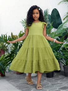 Tween Girl's Vacation Loose Casual Sweet Cute Textured Layered Cap Sleeve Dress, Suitable For Everyday, Commute, Leisure, Vacation, Gathering With Friends And Family, Spring/Summer Kids Summer Clothes Dress Summer Dresses For Girls Young Girls Dresses Young Girls Dresses Unique Dresses For Girls - Green - View 3