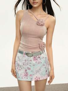 Rina Fox Women 3D Floral Decor Asymmetric Neck Y2k Tank Top - Apricot - View 1