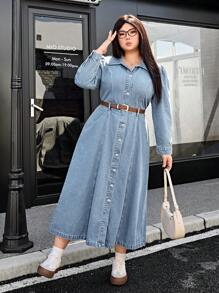 SHEIN EZwear Plus Size Casual Washed Snap Front Puff Sleeve Denim Dress - Light Wash - View 7