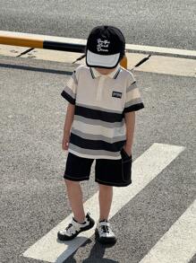 SHEIN 2pcs Set Young Boys Korean Style Sporty College Chic Cute Holiday Casual Versatile Stylish Striped Bear Decor Polo Shirts And Black Shorts - Black - View 10