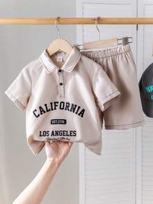 SHEIN 2pcs/Set Young Boys Casual College Style Letter Print Half-Zip Short Sleeve Shirt And Shorts Set,Comfortable Soft Fashion Summer School Outfits - Khaki - View 2