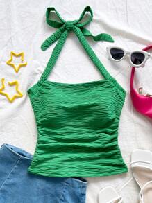 Soleia Damen grünes strukturiertes Strick Tanktop mit Rückenteil, geeignet für den Urlaub