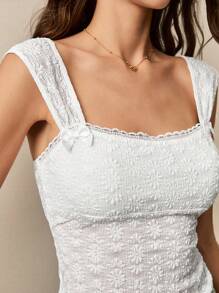 Poéselle 女士花卉提花对比蕾丝蝴蝶结装饰优雅 T 恤 - 白色 - 查看 3