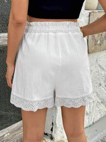SHEIN Casual White Maternity Mini Shorts With Eyelet Embroidery And Lettuce Trim Detail - White - View 2