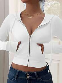 INAWLY Chaqueta con capucha con cremallera de unicolor simple para mujer, de manga larga, de moda