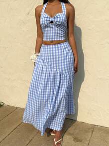Sunnyshic Set elegante da donna composto da una camicetta allacciata a quadri e una gonna ampia