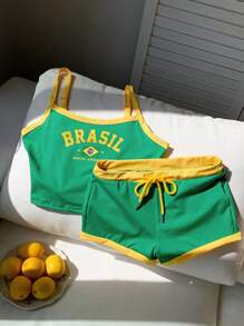 Comfortcana Conjunto de top corto y pantalón corto de ajuste delgado con impresión de letras en colores de la bandera de Brasil para verano