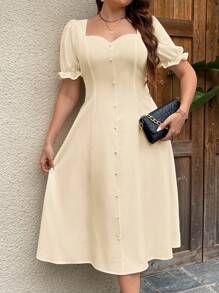SHEIN Privé Plus Size Women's White Simple Fashion Square Neck Puff Sleeve Midi A-Line Dress, Summer