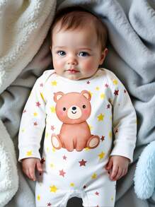 SHEIN Baby Boys' Comfortable White Base Cute Star & Cartoon Bear Print Snap Front Long Sleeve Footie Pajamas - Khaki - View 1