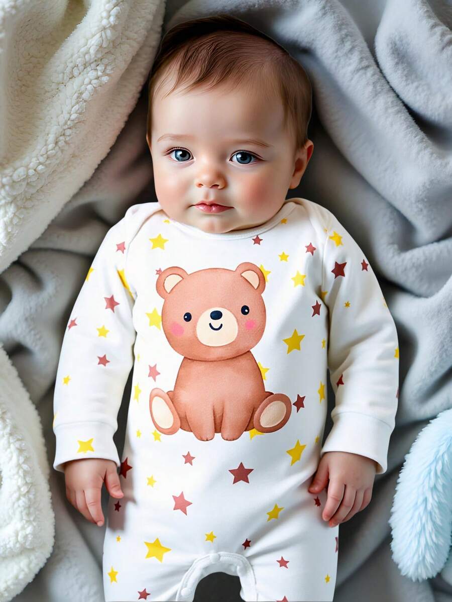 SHEIN Baby Boys' Comfortable White Base Cute Star & Cartoon Bear Print Snap Front Long Sleeve Footie Pajamas - Khaki - View 1