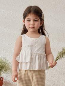 Blossori 女婴 2 件套春/夏编织杏色圆领荷叶边下摆上衣/卡其色裤子 - 白色 - 查看 5