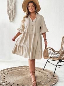 SHEIN CURVE+ Plus Size Women's Cotton Pleated Collar Satin Tie V-Neck Multi-Layer Pleated Edge Patchwork Dress, Breathable And Soft, Curve Plus, Boho Vacation Beach Outfits For Woman/Beach Dress/Beach Vacation Outfits/Beach Essentials / Graduation/Tea Party Dress