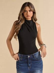 SHEIN BAE Women's Elegant Sleeveless Bodysuit With Backless, Asymmetric Shoulder, And Ruched Design, Black, Suitable For Spring And Summer,Halloween Clothes Women ,Halloween Costume - Black - View 5