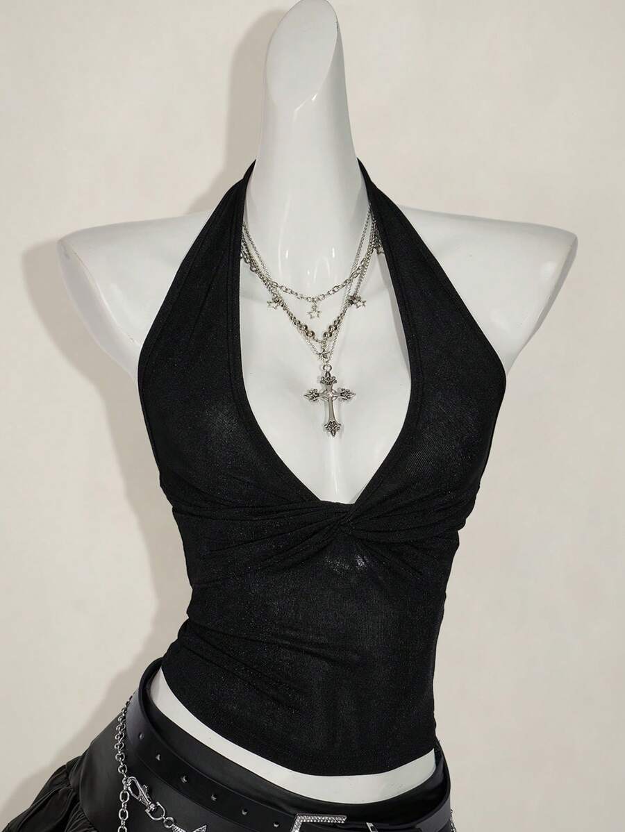 SHEIN ICON 女士休闲深 V 领扭结背心 - 黑色 - 查看 1