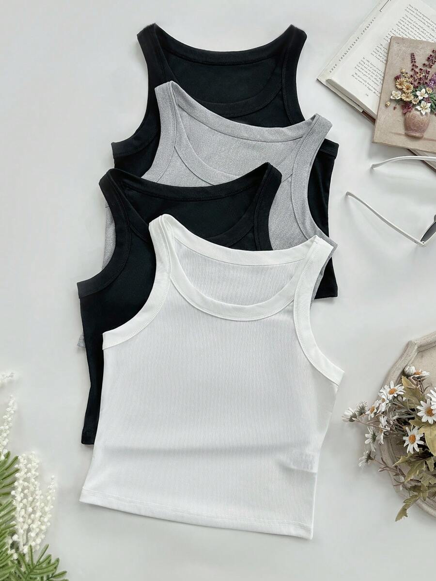 SHEIN Set de 4 piezas de camisetas de tirantes acanaladas de estilo americano para mujeres, para el verano - Multicolor - Ver 1