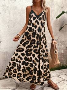 SHEIN Tall Women's Leopard Print A-Line Dress, Suitable For Vacation, Daily Commute - Multicolor - View 6