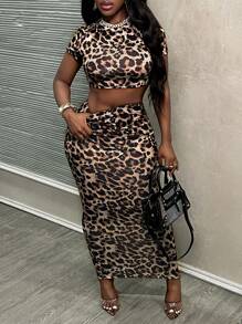 Slaydiva Bộ 2 món áo thun crop top họa tiết da báo và chân váy maxi ôm sát dành cho nữ, phù hợp cho mùa hè - trắng - Xem 5