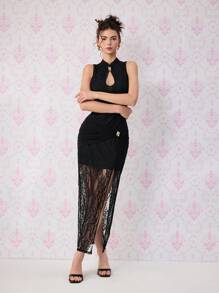 SHEIN MOD 黑色蕾丝旗袍连衣裙，中国传统风格女式长裙 - 黑色 - 查看 4