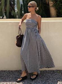 Women Plaid Print Dress, Long Strapless Design, Spring/Summer Sundress Vacation Maxi Dress - Black and White - View 4