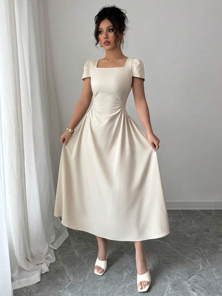 Elenzga Vestido casual de largo medio con cuello de barco, cintura ceñida y mangas abullonadas en unicolor elegante, adecuado para ir al trabajo, vacaciones y tomar el té por la tarde - Albaricoque - Añade 6