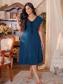 Côtesoire Plus Size Summer Ruffle Color Block Cap Sleeve Nightgown - Teal Blue - View 1
