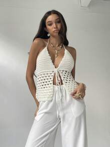 Aloruh New Fashion Sexy Halter Vintage Crochet Beach/Vacation Hollow-Out Deep V-Neck Backless Vest - Apricot - View 3