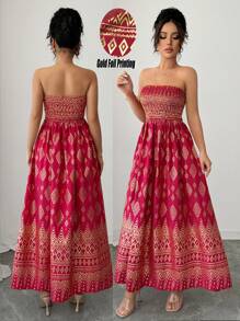 Breezaya 女式红色复古华丽定位复古印花无袖金箔复古图案波西米亚浪漫优雅西方装度假旅行海滩2025春夏抹胸长裙 - 紅色 - 查看 3