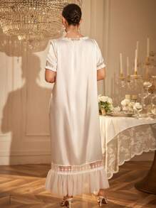 SHEIN Solid Color Round Neck Satin Lace Patchwork Ruffle Hem Elegant Long Nightgown, Suitable For Wedding Season - White - View 2