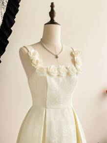 Vintamour 复古优雅女士提花纹理立体花朵度假连衣裙 - 杏色 - 查看 3