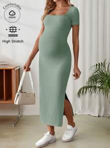 SHEIN Maternity Square Neck Short Sleeve Split Side Casual Bodycon Dress - Green - View 3
