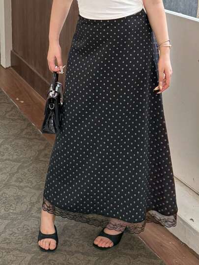 Dazy Plus Plus Size Women's Contrast Lace Straight Polka Dot Print Skirt, Elegant,Back To School Clothes