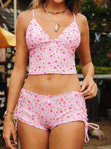 Swim Mod Set de 2 piezas Tankini con estampado floral diminuto y decoración de lazo, Tankini de tirantes finos sin espalda para niña, para playa, resort, fiesta en la piscina durante el verano