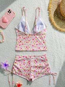 Swim Mod Set de 2 piezas Tankini con estampado floral diminuto y decoración de lazo, Tankini de tirantes finos sin espalda para niña, para playa, resort, fiesta en la piscina durante el verano