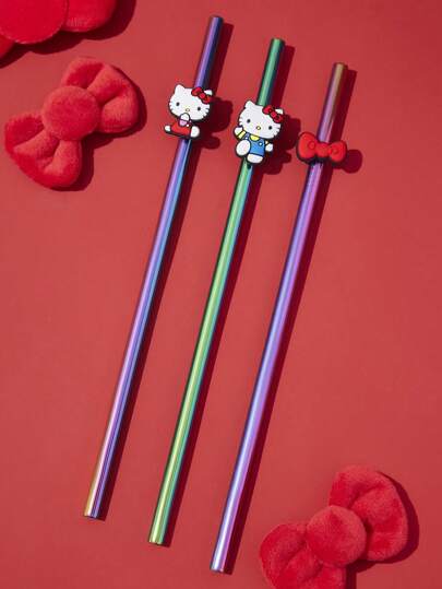 HELLO KITTY AND FRIENDS | SHEIN 3 uppsättningar av 8 mm söta tecknade halmhylsor, inklusive sugrör i rostfritt stål och rengöringsborstar för sugrör, kopptillbehör, pilbåge, tillämplig på kopp 30 & 40 OZ