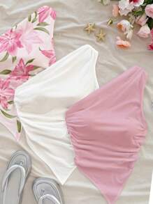 Soleia 3pcs/Set Casual Simple Floral Print & Solid Color White/Pink Women Top, Suitable For Summer Suitable For Going Out