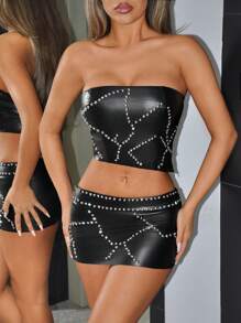 SHEIN ICON  Bandeau Sequin PU Leather Top And Low-Waist Mini Skirt Set Tube Top Y2k Two Pieces Set Rave - Black - View 5