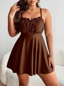 Swim Lushoire Women Plus Size Black Swimdress With Ruffled Tie-Up Front For Summer Beach Vacation - Brown - View 6