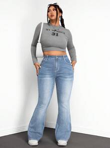 SHEIN ICON Plus Size Women Pockets Flared Casual Versatile Denim Jeans - Light Wash - View 5
