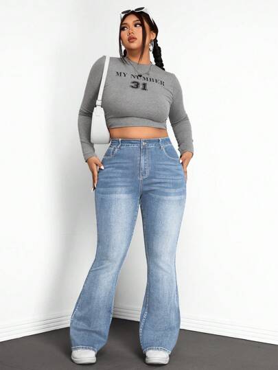 SHEIN ICON Plus Size Women Pockets Flared Casual Versatile Denim Jeans