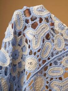 EASEVO Plus Size Men's Blue Loose Openwork Floral Knit Polo Shirt, Short Sleeve, For Fall Winter