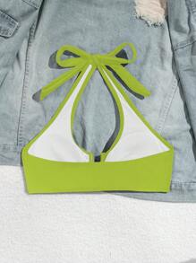 Swim Basics Spring Break Women's Halter Neck Ruched U-Neck Minimalist Stylish Versatile Swimwear Top For Summer Beach Vacation - Green - View 3