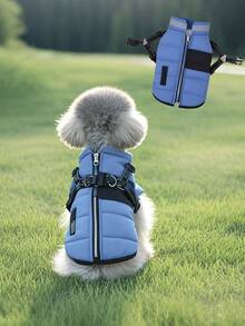 Autumn/Winter New Animal Outfit, Pet Padded Coat, Thick Warm Clothing, Cat Clothes, Dog Parka, Cat Puffers, Animal Costumes, Cat Warm Outfits, British Style Tether Padded Coat, Reflective Coat, Warm Animal Padded Vest, Fall/Winter Essential, Reflective Strip Padded Coat - Blue - View 4