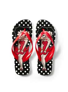 Betty Boop x SHEIN Czarne damskie klapki z PVC w groszki, idealne na co dzień na świeżym powietrzu, na plażę, na wakacje, jako pomysł na prezent, na imprezę, walentynki - Wielokolorowe - Zobacz 6