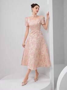 Modelyn Vestido de manga corta con cuello cuadrado de longitud midi, de moda para el verano