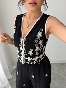 Chiquease 2 pièces/Set Femme Élégante Décontractée Minimaliste Débardeur Et Pantalon, Mode Quotidienne - Noir - Voir 4