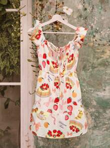 Easelle 2025 Summer Vintage Cut-Out Shoulder Cake Print Fashionable Butter Yellow Dress Vacation Outfits Women - Multicolor - View 1